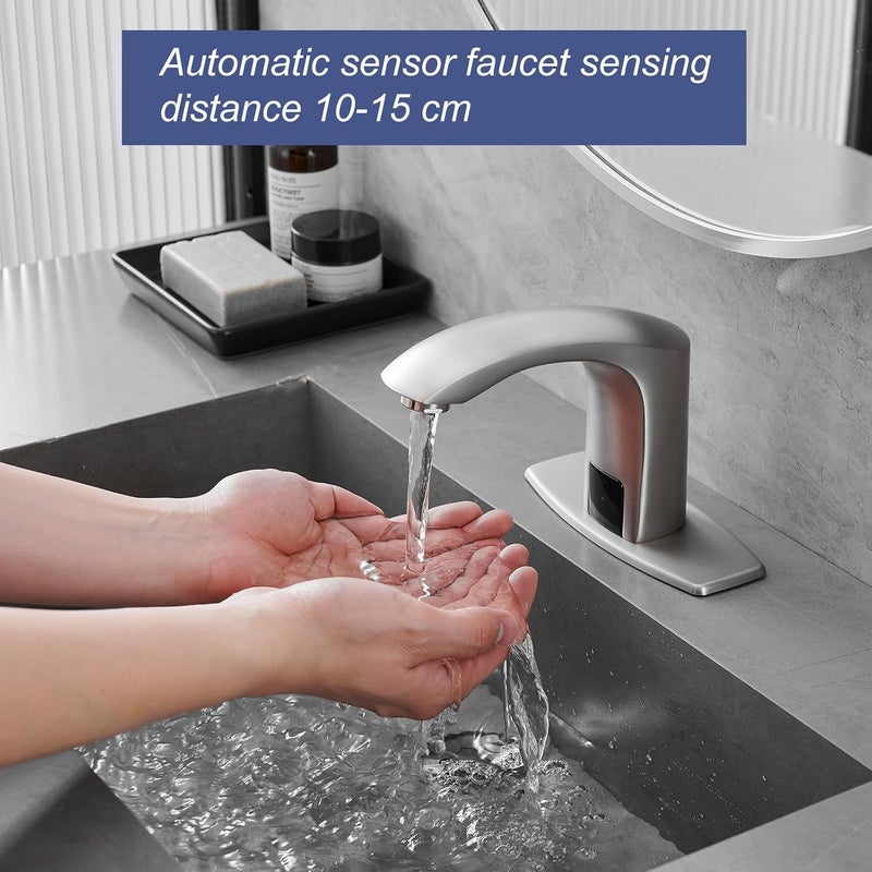 BATHFINESSE Automatic Sensor Faucet Hands-Free, Bathroom Commercial Auto Motion Touchless Faucet, AC/DC Powered, Temperature Adjustment Valve, Brushed Nickel - Image 3
